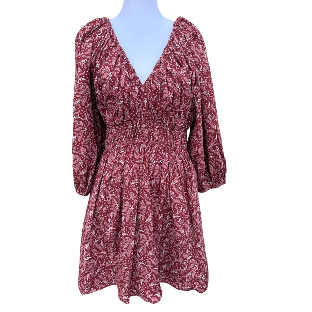 Madewell Red Floral Smocked Waist V-Neck Mini Dress Long Balloon Sleeve Size 4